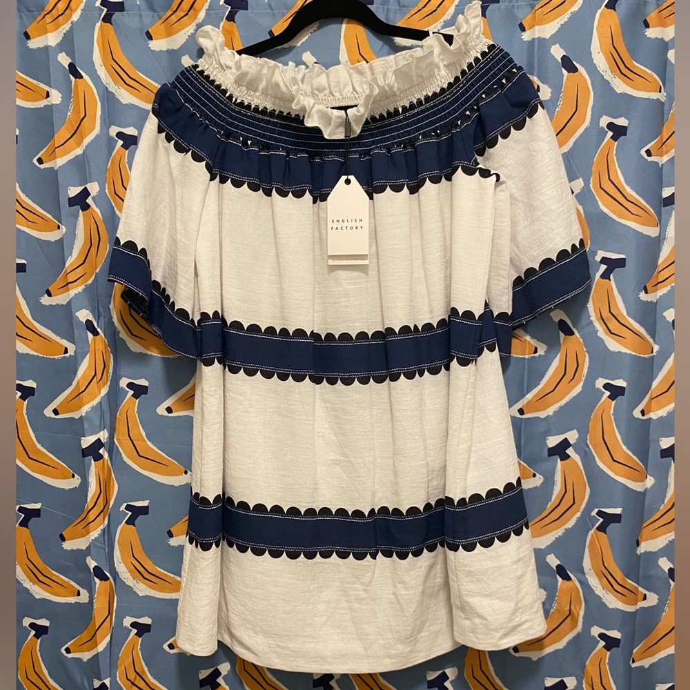 English Factory - Navy and White Off-Shoulder Women's Dress